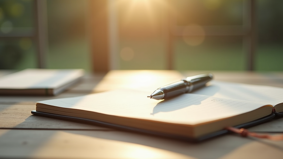 Close-up view of a journal and pen on a wooden desk with soft natural light