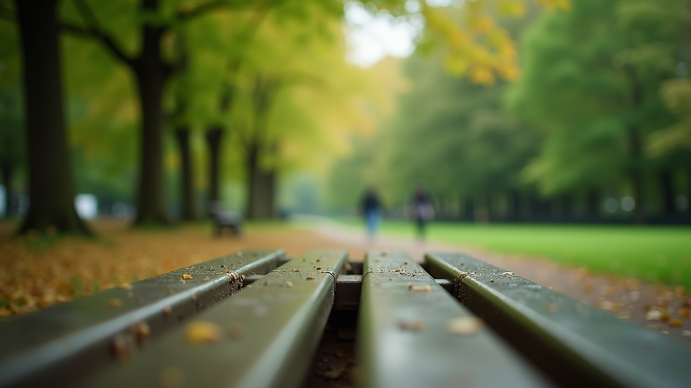 Eye-level view of a peaceful park bench surrounded by green trees