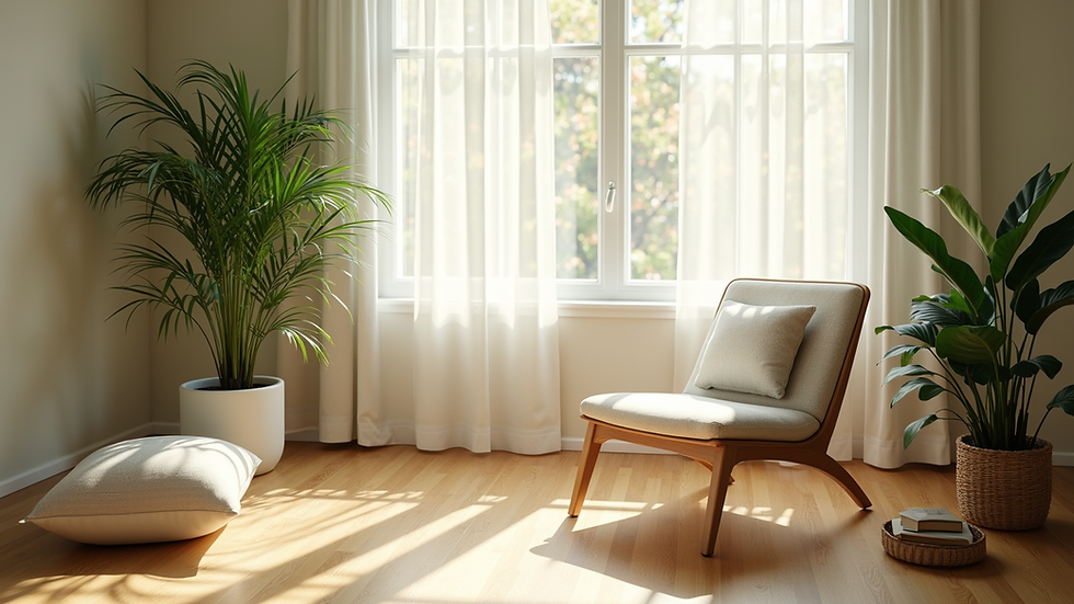 High angle view of a peaceful room with plants and soft lighting, ideal for relaxation