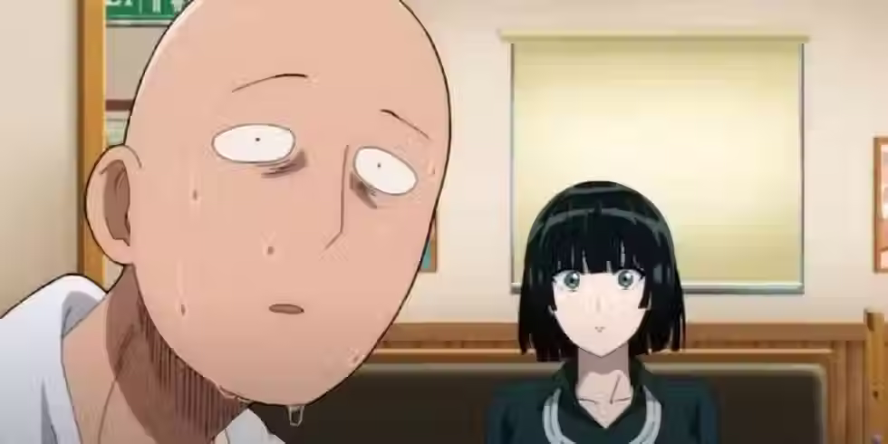 Saitama looking nervous and Tatsumaki behind