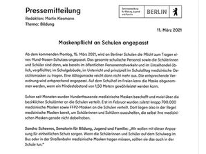 Pressemitteilung zur Maskenpflicht ab 15.03.2021