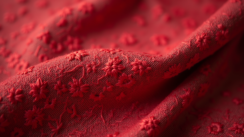 Close-up view of embroidered crimson lawn fabric with detailed stitching