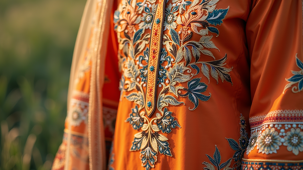 Close-up view of a luxury lawn suit with intricate embroidery and vibrant colors