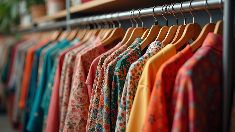 Eye-level view of a clothing rack displaying colorful Pakistani lawn suits