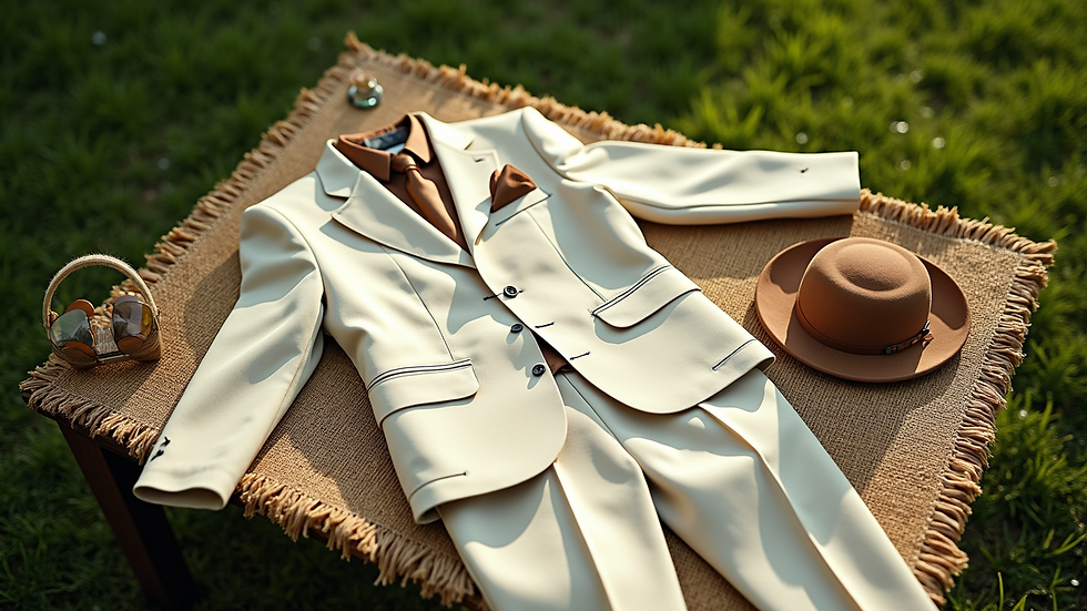 High angle view of a lawn suit set laid out with matching accessories