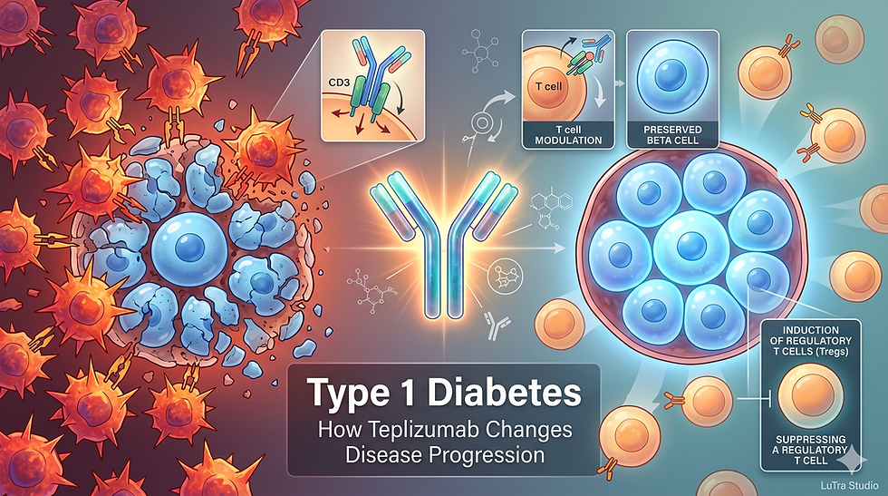 Illustration of Teplizumab effects on Type 1 Diabetes. Shows immune cells, preserved beta cells, and text: "Type 1 Diabetes: How Teplizumab Changes Disease Progression."