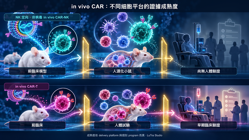 NK 定向非病毒 in vivo CAR-NK 與 in vivo CAR-T 的證據成熟度比較