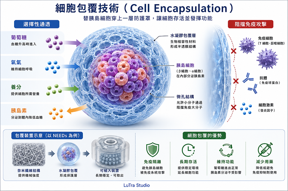 Diagram of cell encapsulation showing a blue protective shell around cells blocking immune attacks, with nutrient and insulin arrows.