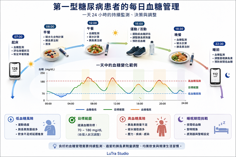 Chinese infographic on type 1 diabetes management, with a 24-hour glucose timeline, meals, exercise, and meter readings.