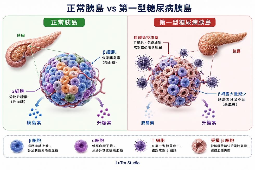 Chinese infographic comparing normal pancreas vs type 1 diabetes: healthy beta cells make insulin; immune attack destroys them.
