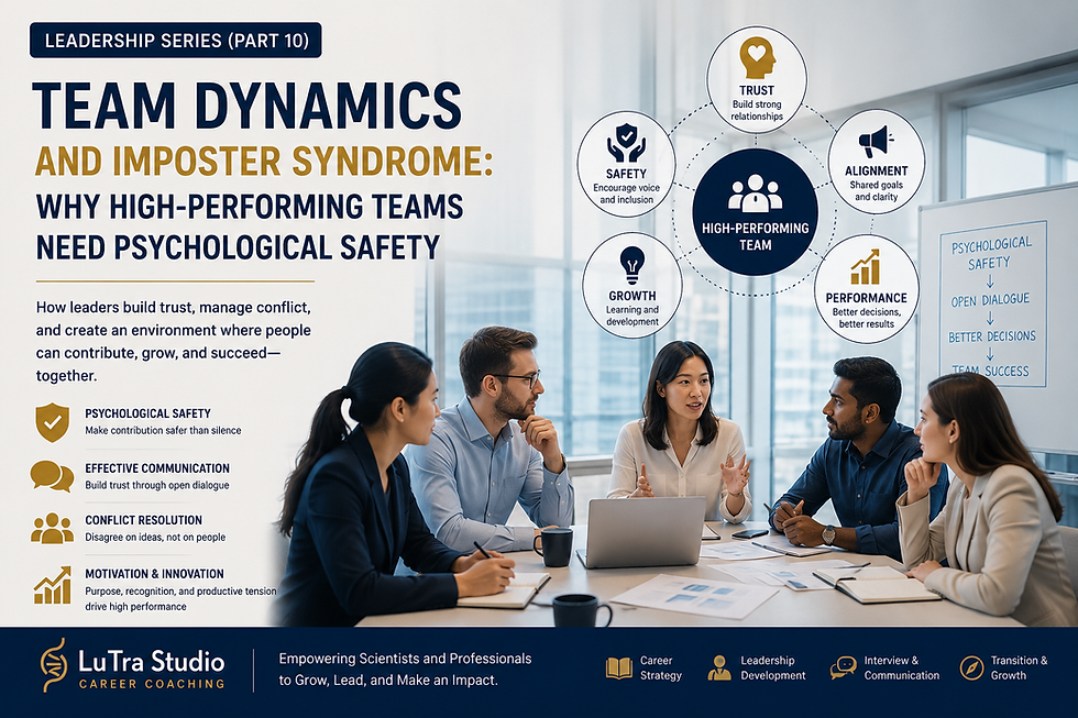 Team meeting infographic on leadership and psychological safety, with five colleagues and text on trust, alignment, growth, and performance