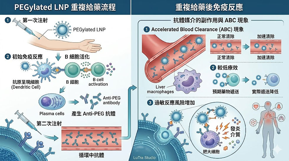 PEGylated LNP重複給藥與免疫反應示意圖:首次注射後B細胞活化產生Anti-PEG抗體,第二次注射出現ABC現象、清除加快與過敏風險升高。