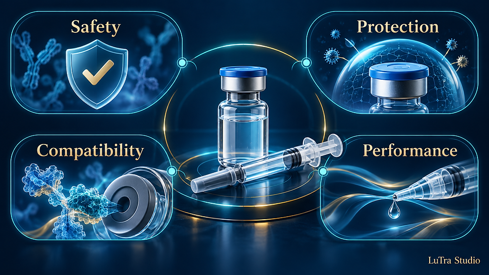 Safety, protection, compatibility, and performance framework for biologics container closure systems