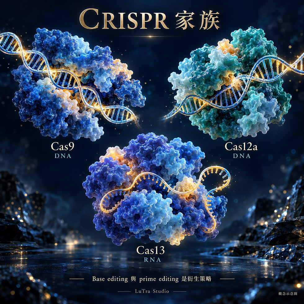 CRISPR 家族 Cas9、Cas12a 與 Cas13 的 DNA 或 RNA 定位概念圖
