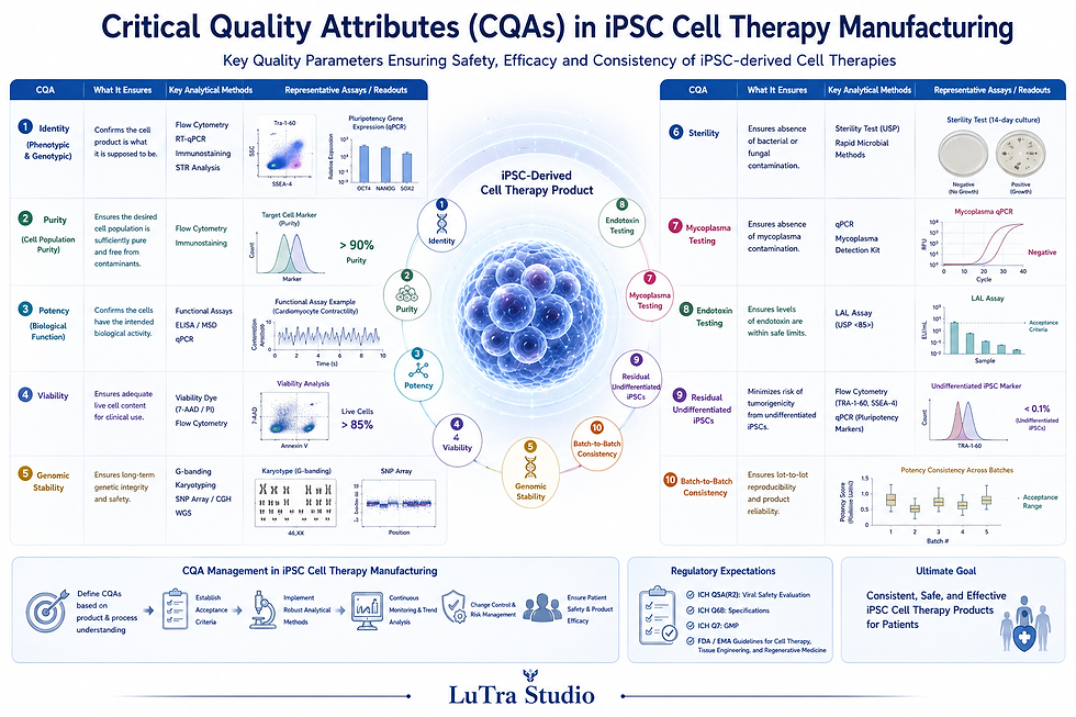 Infographic on critical quality attributes in iPSC cell therapy manufacturing, with 10 CQAs, charts, and a central glowing cell diagram
