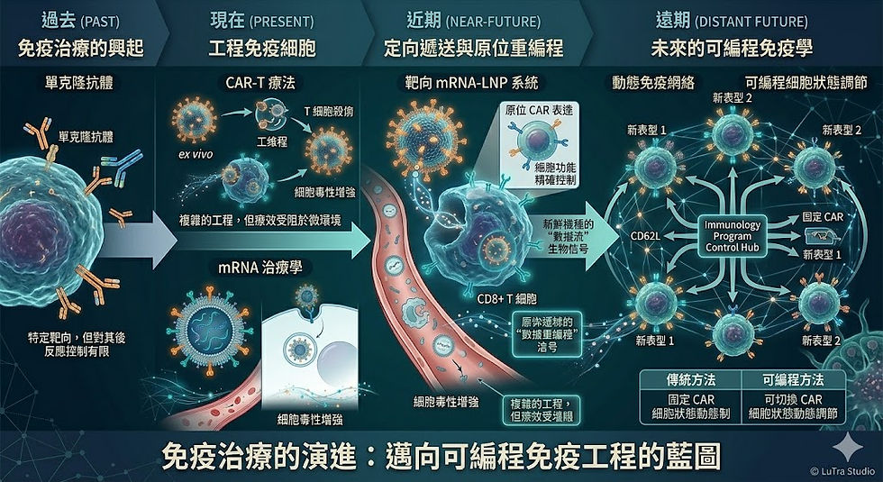 深藍色資訊圖比較免疫治療演進:左側單克隆抗體與CAR-T,中央mRNA-LNP靶向遞送到CD8+T細胞,右側動態免疫網絡與可編程細胞狀態調節,含多處中文標註與箭頭。