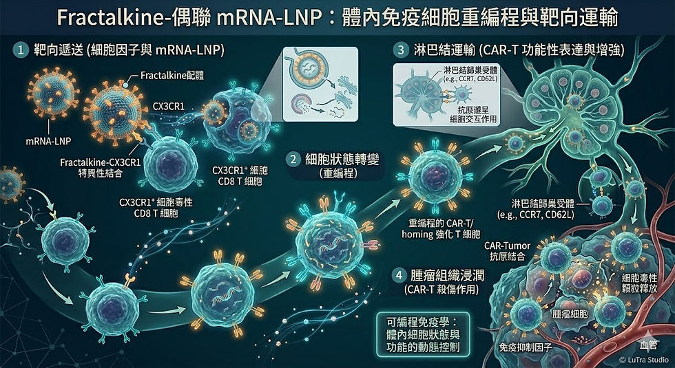 深色科學資訊圖,標題為Fractalkine-偶聯 mRNA-LNP:體內免疫細胞重編程與靶向運輸,示意CX3CR1 T細胞、CAR-T增強與腫瘤殺傷流程。