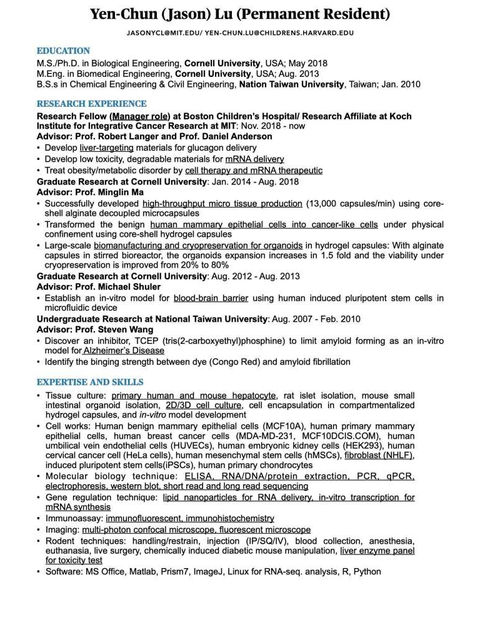 Resume of Yen-Chun Lu detailing education, research experience, expertise, and skills. Includes bold headings and specific technical terms.