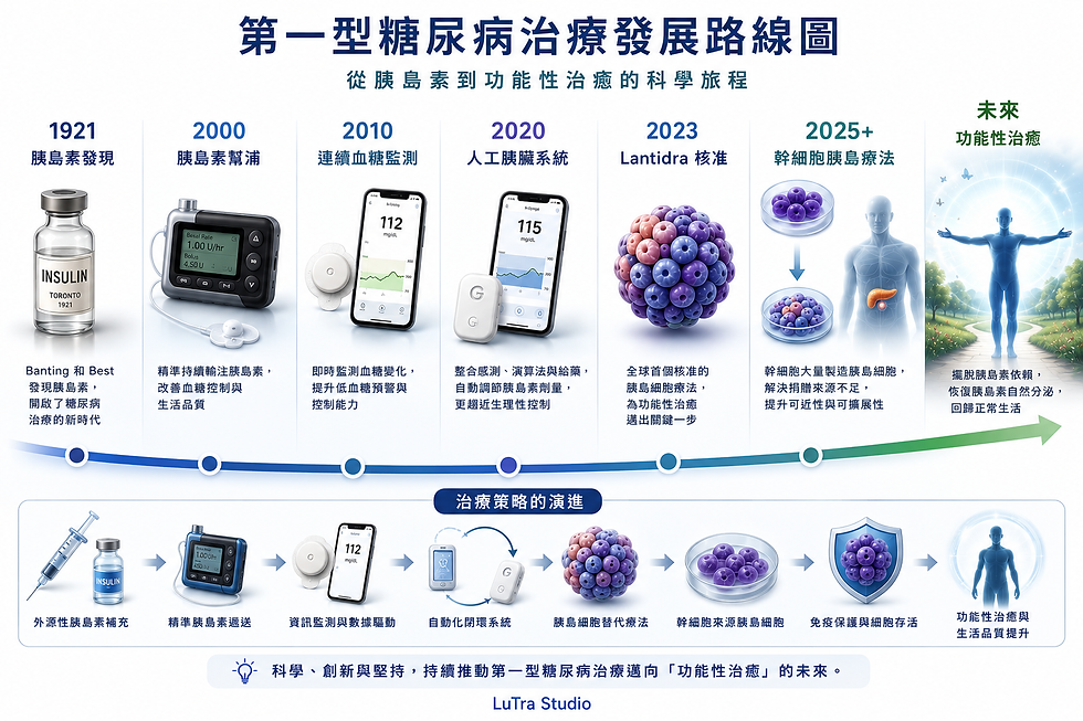 Chinese infographic timeline of type 1 diabetes treatment, from insulin to future functional cure, with devices, cells, and human figure