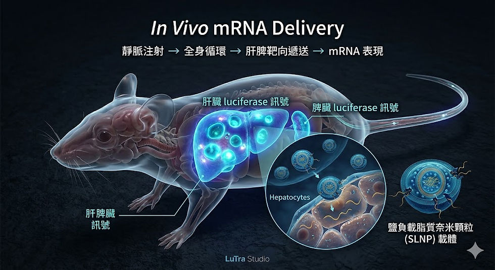 透明老鼠图示mRNA递送过程,显示肝脏与脾脏信号,背景为暗色,标记有文字说明“静脉注射→全身循环→mRNA表现”。