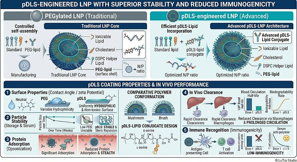 Infographic comparing traditional PEGylated LNP and pDLS-engineered LNP, highlighting better stability and lower immunogenicity.