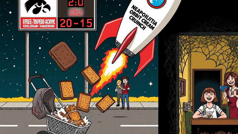 Comic book style artwork showing a rocket ship launch of Torus Coffee Company’s Neapolitan Orbit Cream Crunch freeze-dried ice cream sandwiches.