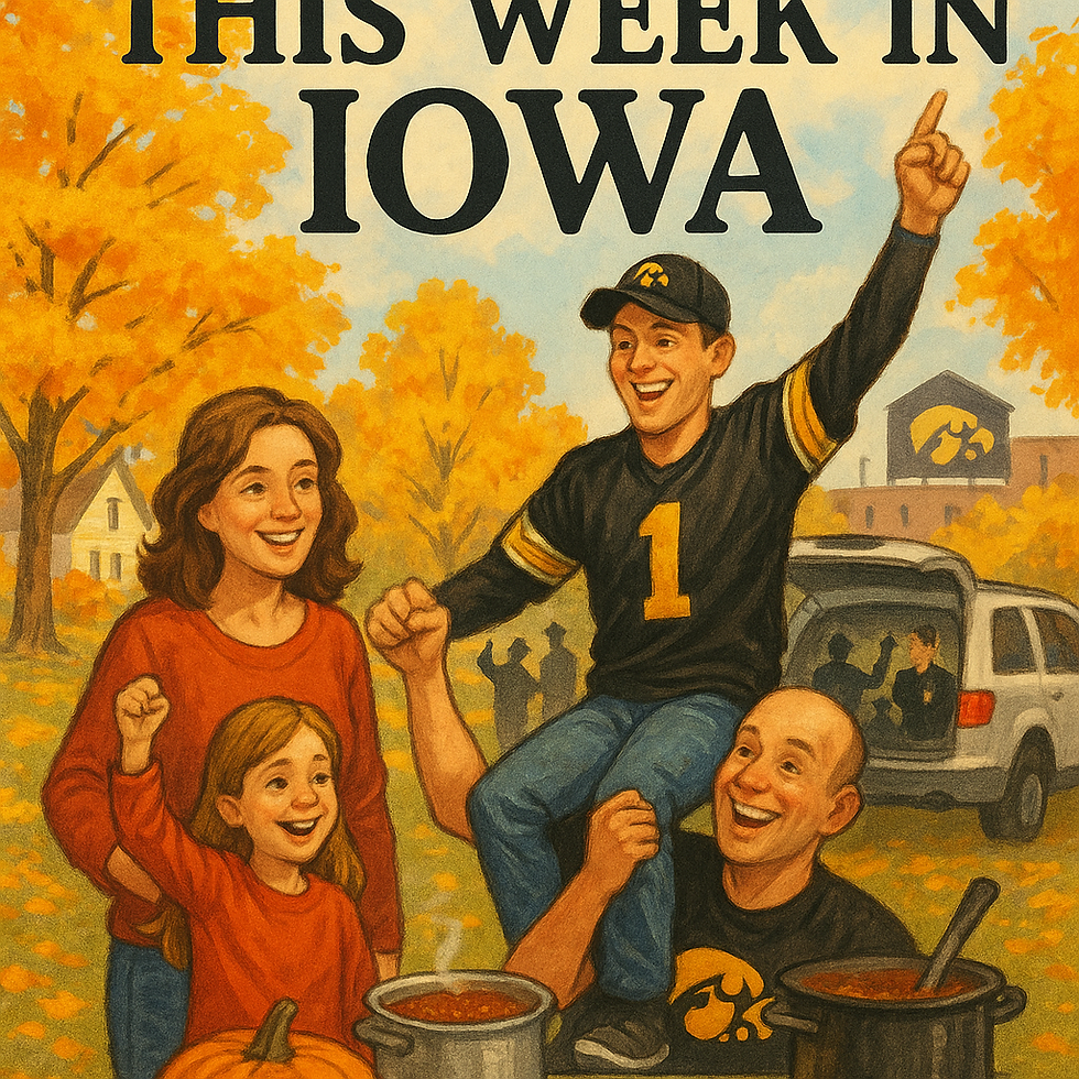 Family tailgates with joy, surrounded by autumn trees and pumpkins, in Iowa. Man wears black jersey. "This Week in Iowa" text above.
