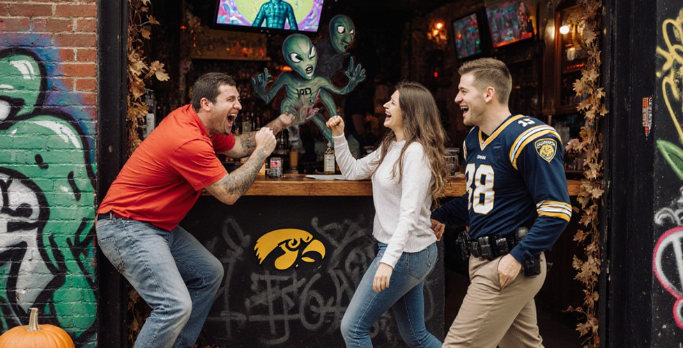 Crowd Cheering for Iowa Hawkeyes in a bar outside.
