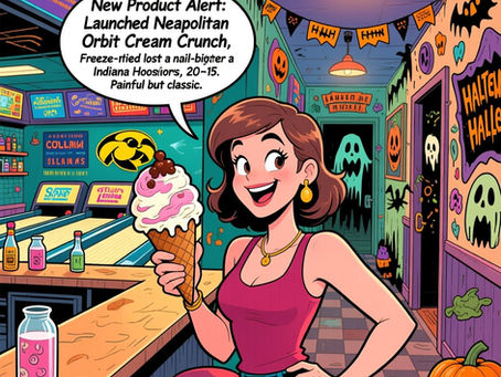 The Orbit Report: funny cartoon illustration of Sara Jane at Colonial Lanes bowling alley, and spooky Halloween vibes.