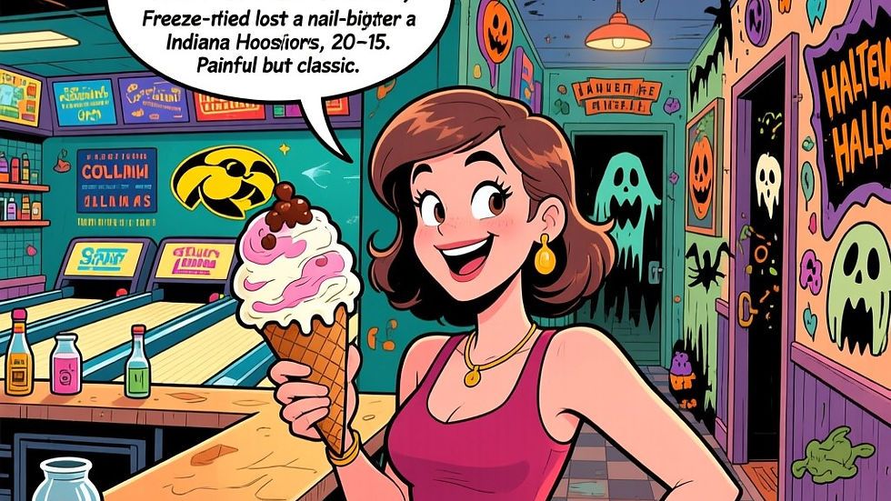 Funny cartoon illustration of Sara Jane at Colonial Lanes bowling alley, and spooky Halloween vibes.