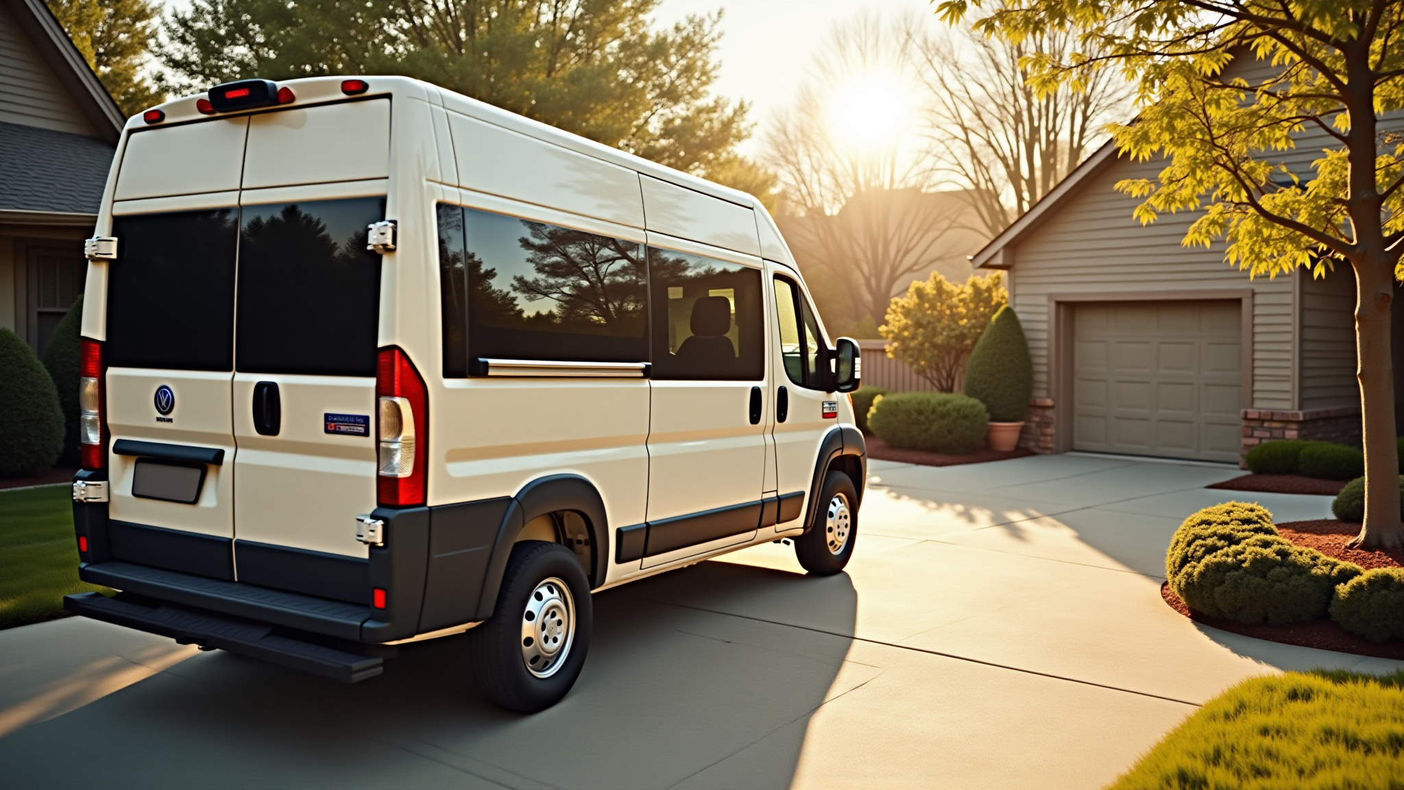 White van parked on a driveway with trees and home in background.