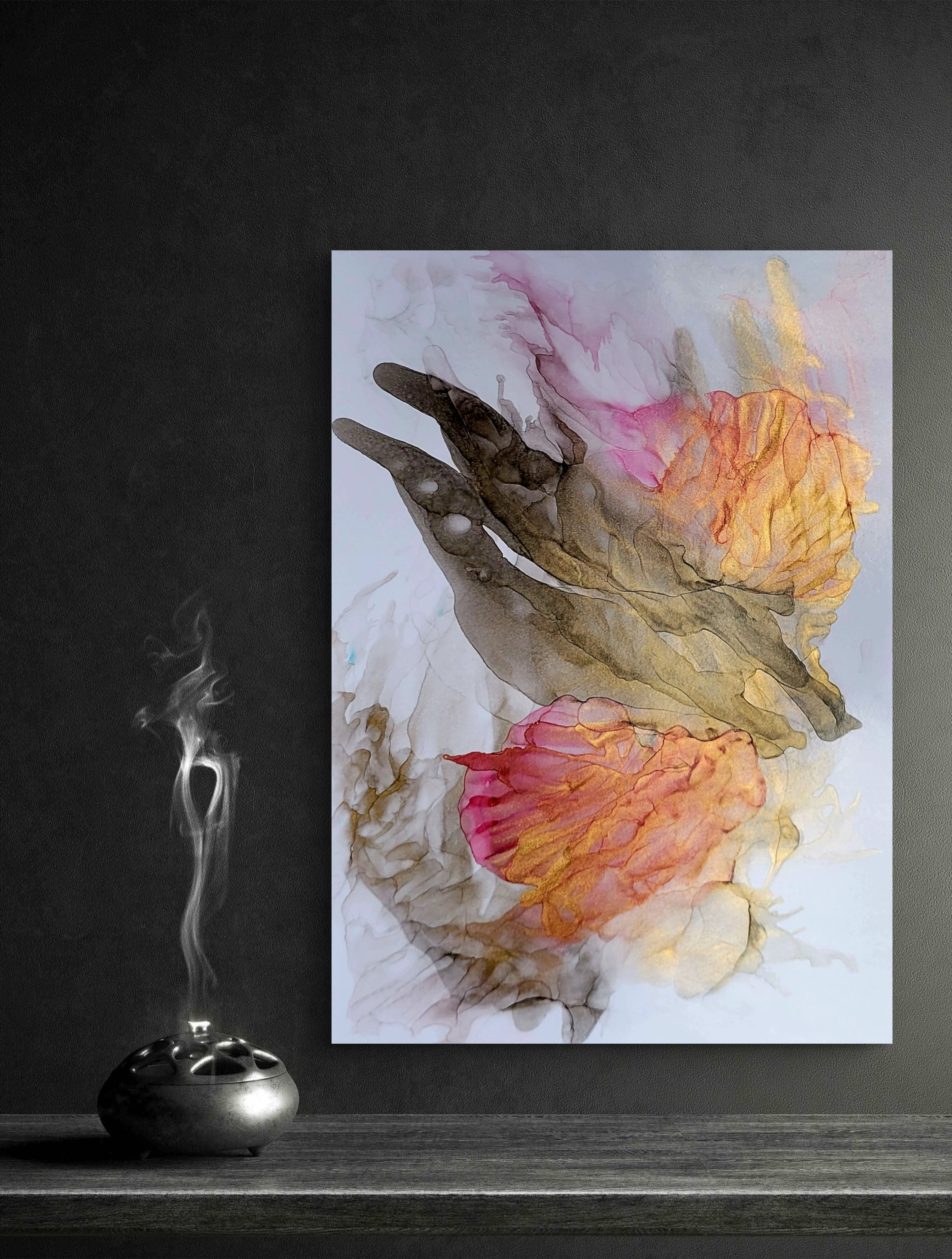 Abstract fluid art and an incense burner with smoke