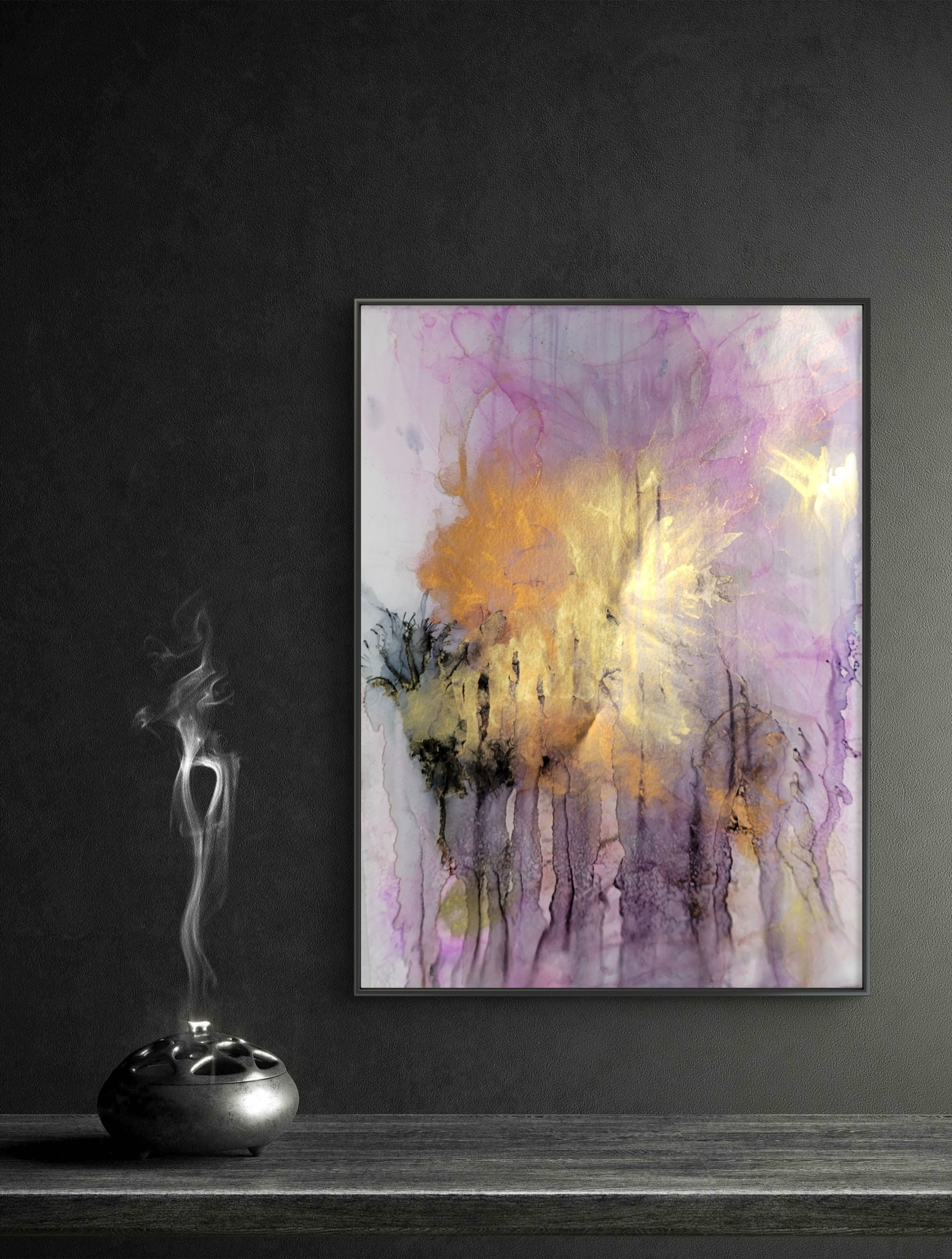 Ethereal abstract painting on Yupo paper, incense smoke