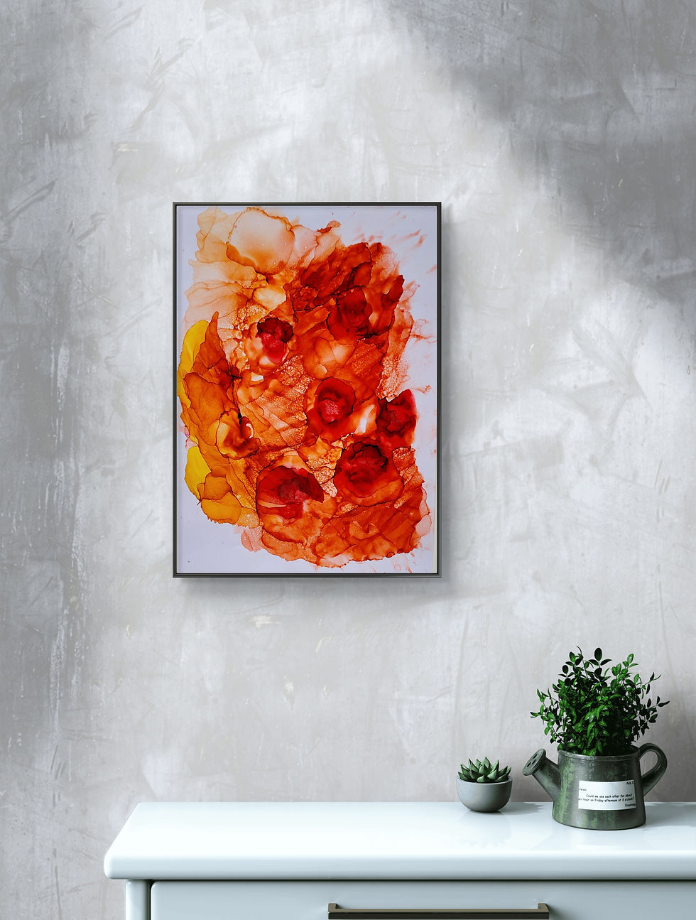 Abstract red and orange painting on Yupo paper