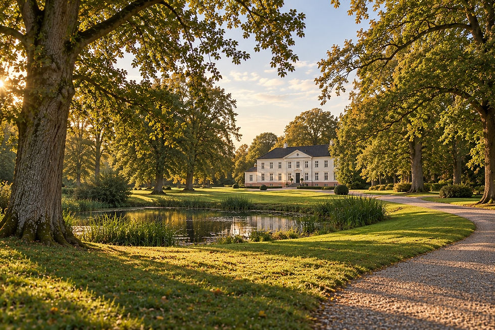 A view of Pederstrup Manor across the historic park on Lolland