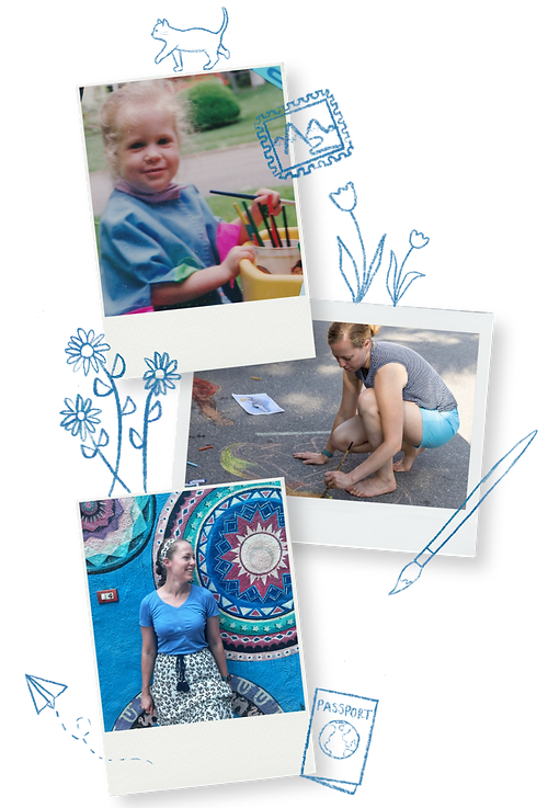 Three poloroid photo frames showing pictures of the artist, Caitlin Giroux. The first of her as toddler painting, the second as an adult drawing a design on the sidewalk and the third an artistic picture with a colorful mural background.