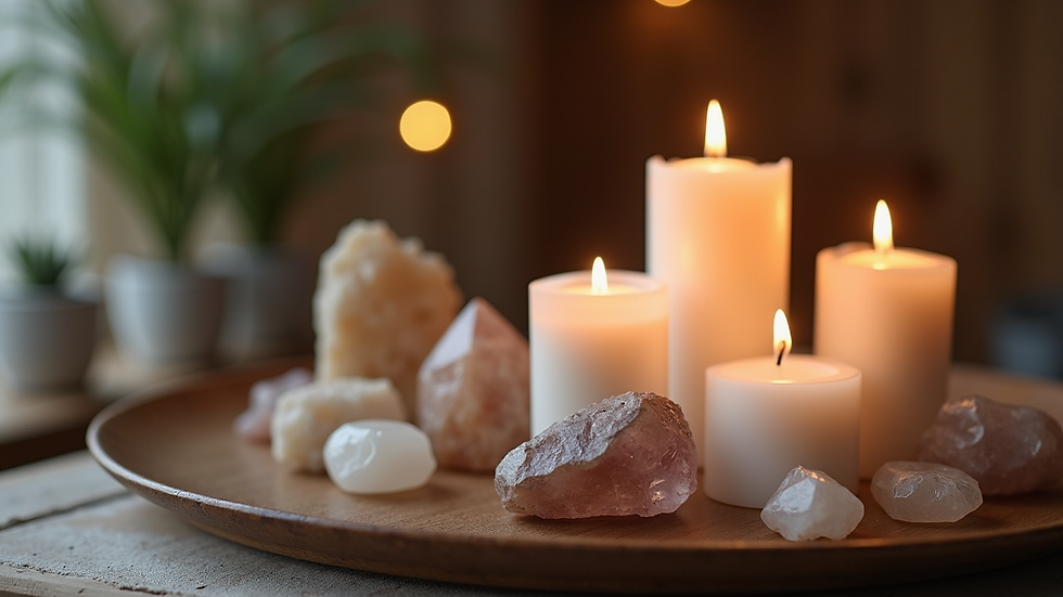 Close-up view of a meditation altar with candles and crystals