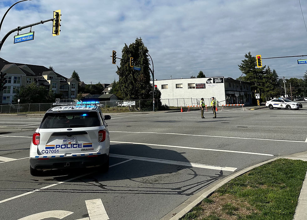 Police cars and officers manage traffic at an intersection with road barriers. Blue sky and buildings in the background. Street signs visible.
