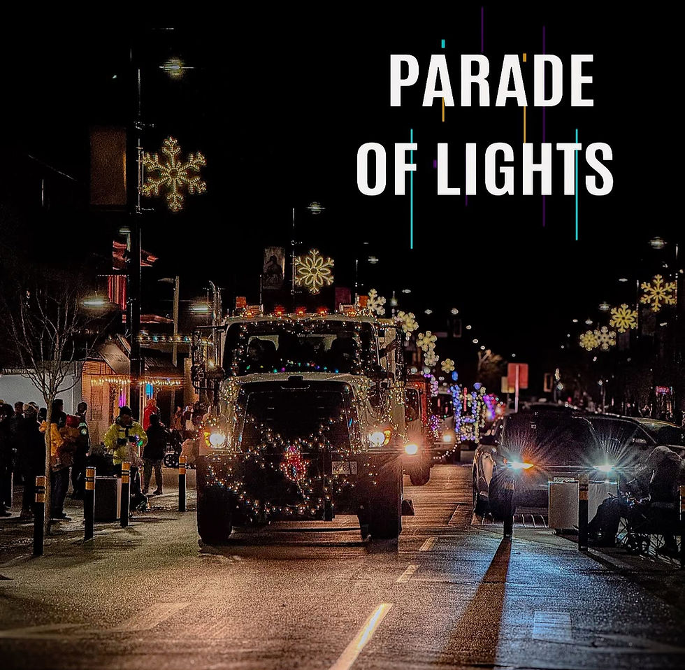 A decorated truck in a nighttime "Parade of Lights," surrounded by festive lights and snowflake decorations, with onlookers lining the street.