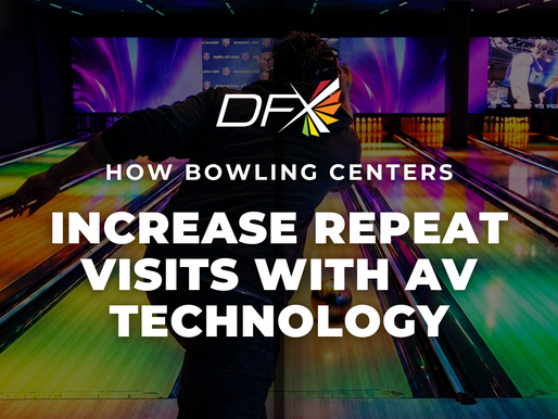 Bowling center AV technology featuring LED video walls, digital displays, and immersive lighting designed to improve guest experience, increase customer retention, and drive repeat visits.