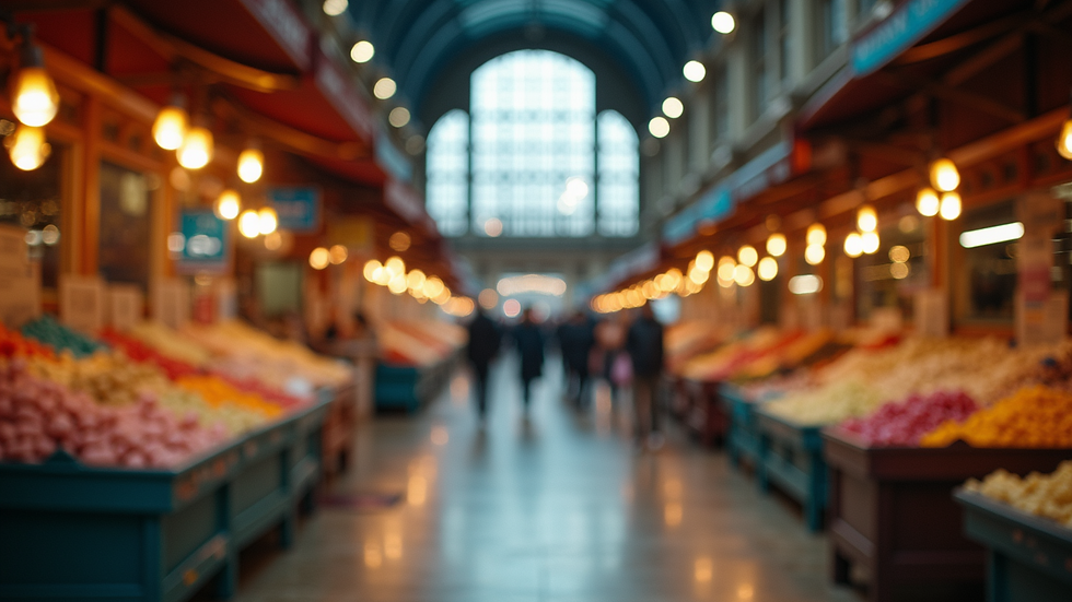 Close-up view of colorful stalls inside the Great Market Hall