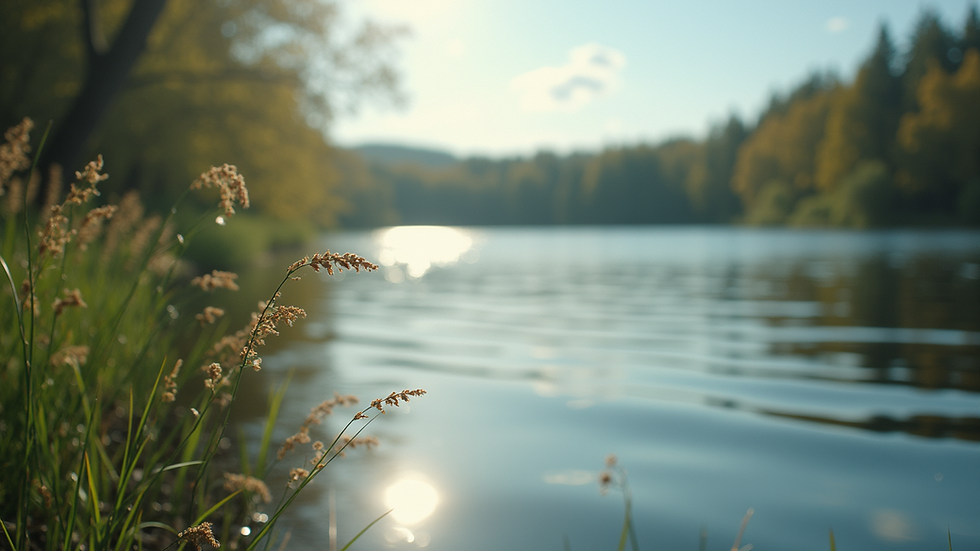 Close-up view of a peaceful nature scene with a calm lake
