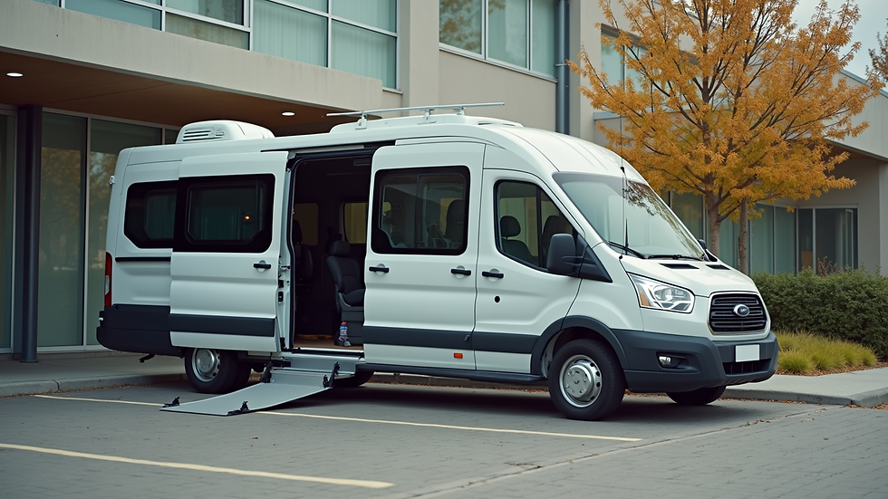 High angle view of a wheelchair-accessible van parked outside a medical facility