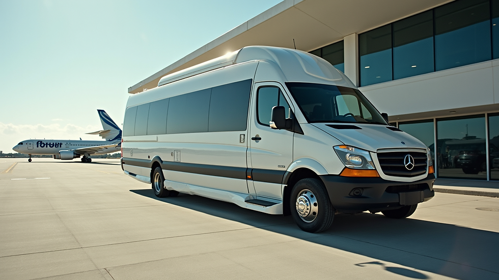 Eye-level view of a spacious airport shuttle van parked outside Sarasota airport