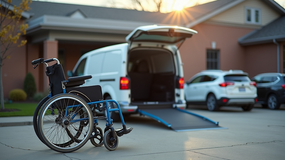 Close-up view of a wheelchair-accessible vehicle parked outside a medical facility