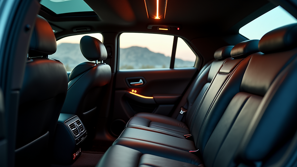Close-up view of a limousine interior with leather seats and ambient lighting