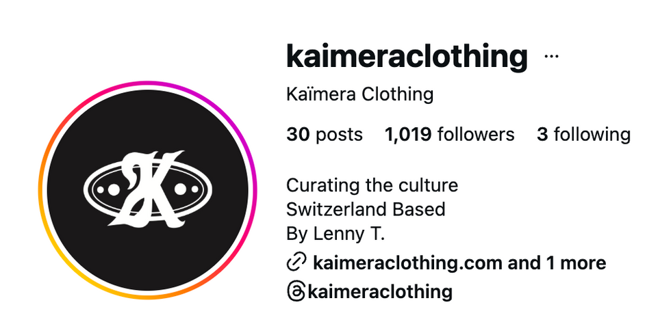 Kaïmera Clothing Instagram profile overview