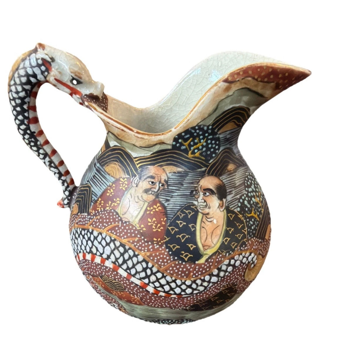 Kinkozan Meiji  Japanese Satsuma pottery  with Immortals Creamer w/ White Dragon