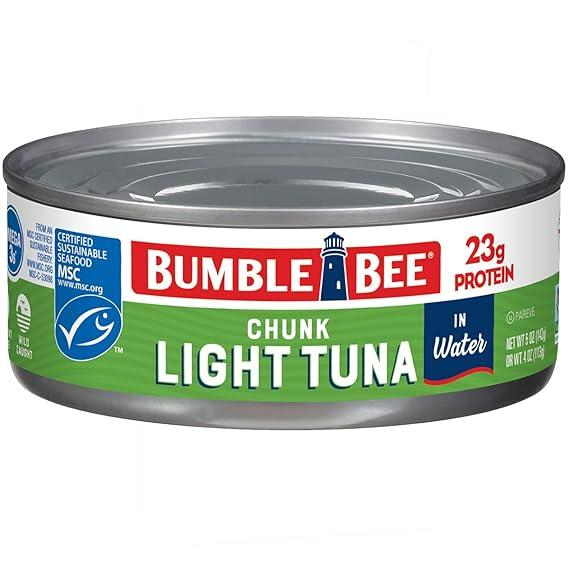 Bumble Bee chunk light tuna can in green and red label, displaying 23g protein, MSC certified, on a white background.
