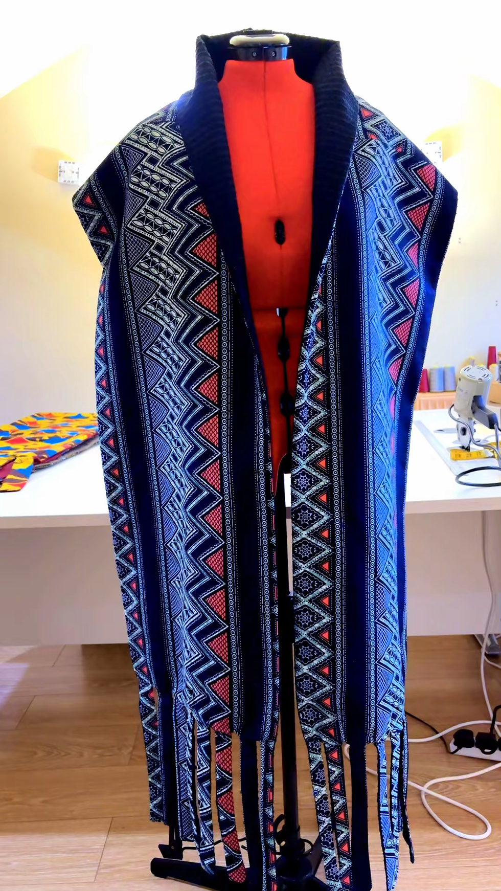 Thumbnail: Navy blue wool and print scarf